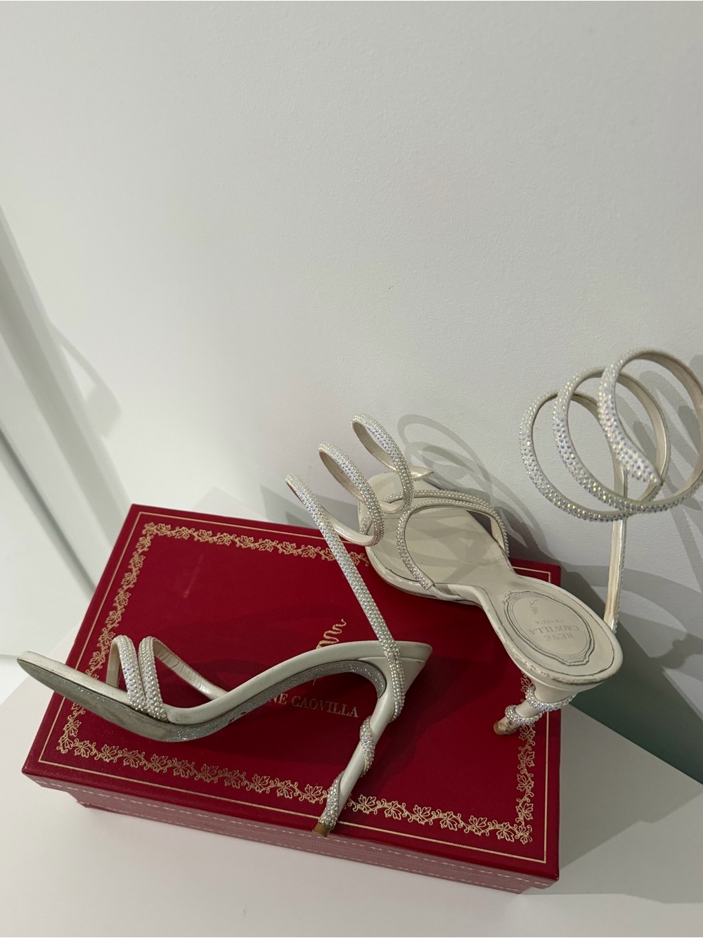Rene Caovilla White Crystal Spiral Ankle-Strap Sandals - Picture 3 of 4